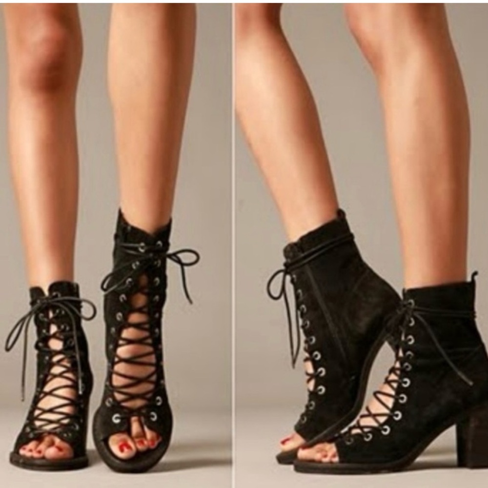 Jeffrey Campbell Cors Black Suede Leather Lace-Up Heel Ankle Bootie Shoe 10